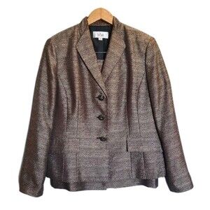 Le Suit Brown Tweed Metallic Skirt Suit Set Dressy Classic Knee Length Size 12